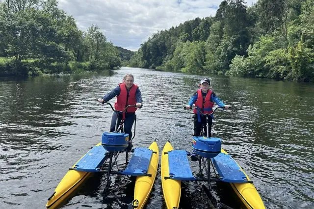Family fun riding hydrobikes on the River Barrow near Kilkenny