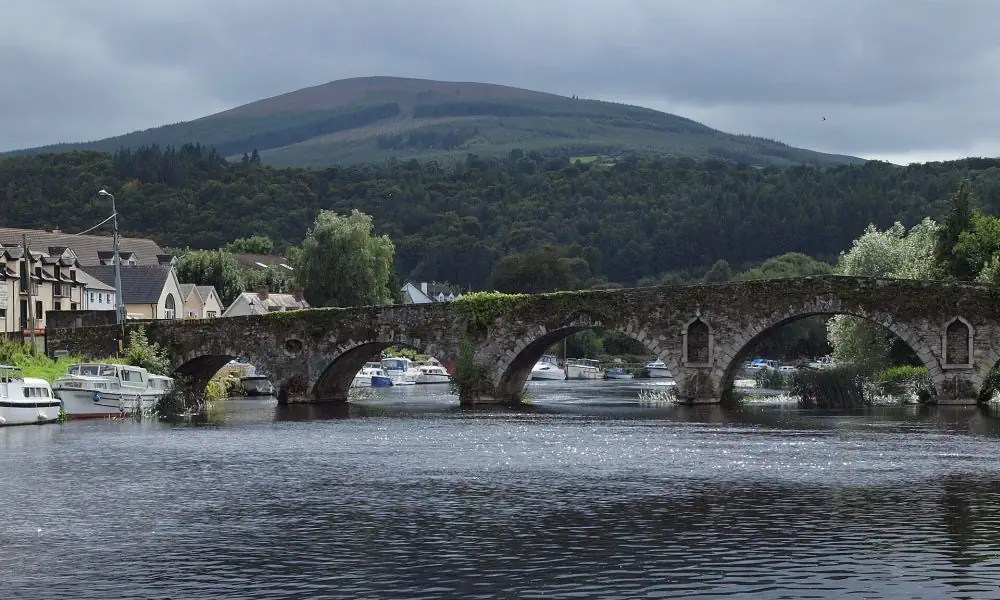 Stone bridge over river Barrow with boats, houses, and forested hill in the background.